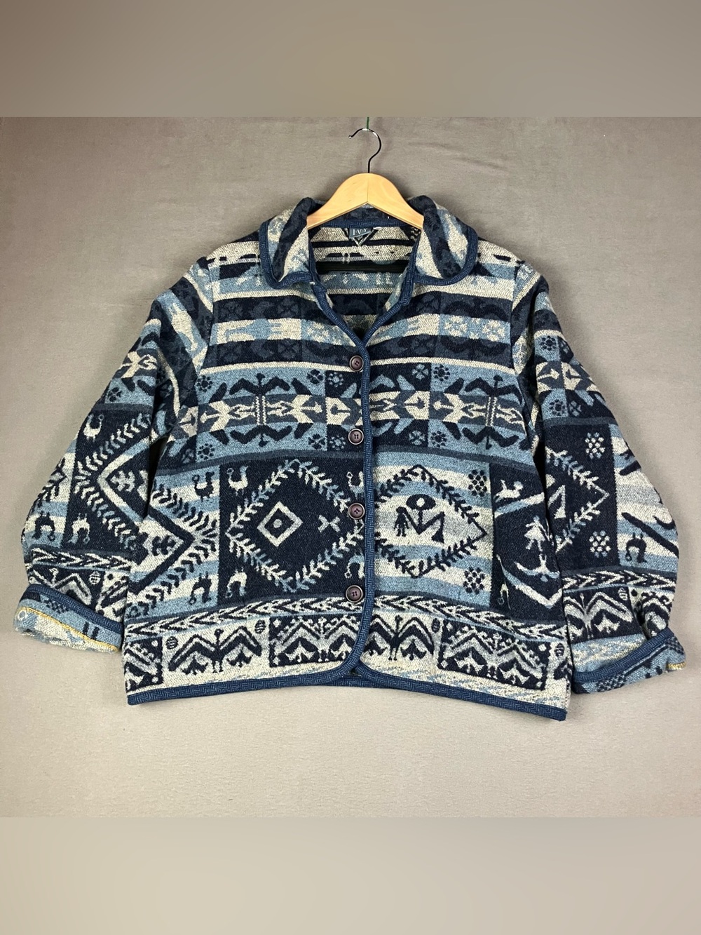 Vintage IVY Women’s Size L Wool Blend Cardigan Sweater Blue Aztec Southwestern.